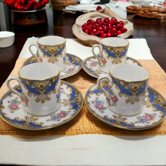 Shelley Bone China Espresso Cup & Saucer Flat Demi Set Sheraton Blue England - Picture 8 of 16